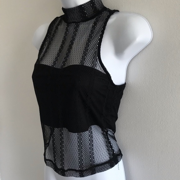 Dynamite Lace Sheer Choker Mock Neck Black Sleeveless Top with Camisole Tube Top - Picture 6 of 16